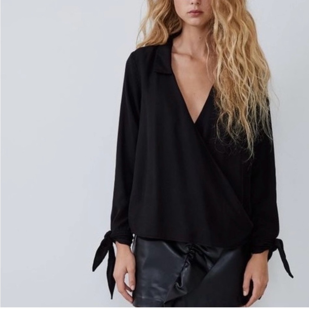 Zara Black V-Neck Blouse with Tie Sleeves